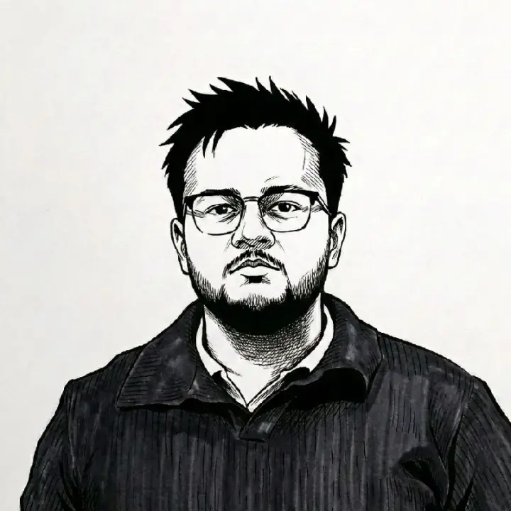 Ink drawing of Mayukh: spiky dark hair, rectangular glasses, a short beard and a dark collared sweater.